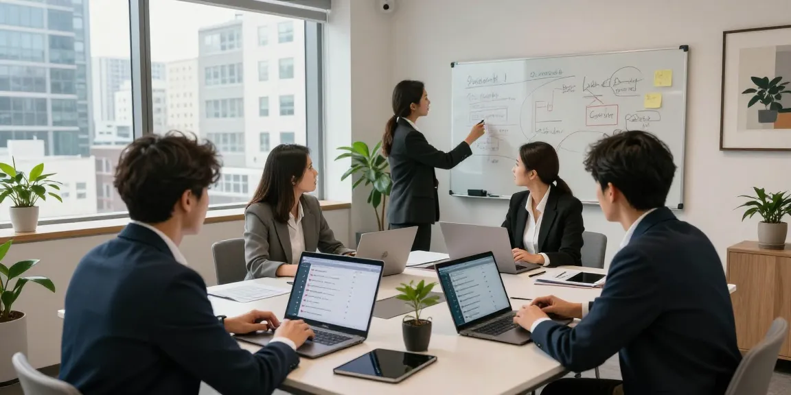 Professionals discussing 오피사이트 rankings in a modern office, engaging in collaborative work with laptops and digital devices.