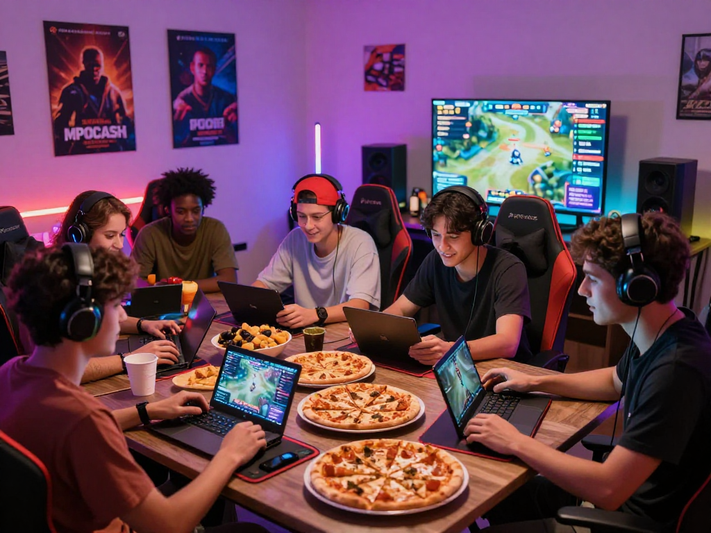 Online gaming excitement on MPOCASH platform with friends gathered around a table, enjoying snacks and vibrant atmosphere.