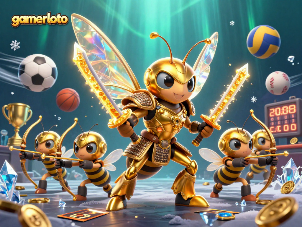 Experience the thrill of gamerloto with vibrant casino graphics featuring a golden hornet samurai and dynamic sports elements.