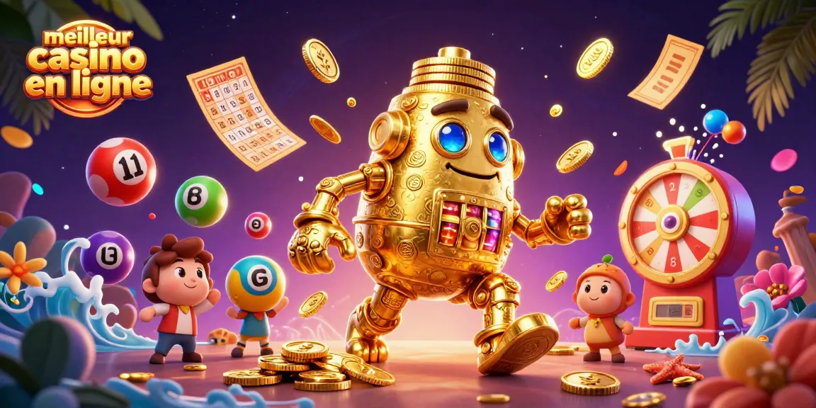 Illustration colorée d'un meilleur casino en ligne, mettant en avant un golem en or et des balles de loterie