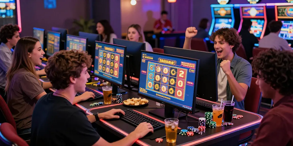 Excited players engaging with bandar slot game on computer in a lively casino atmosphere