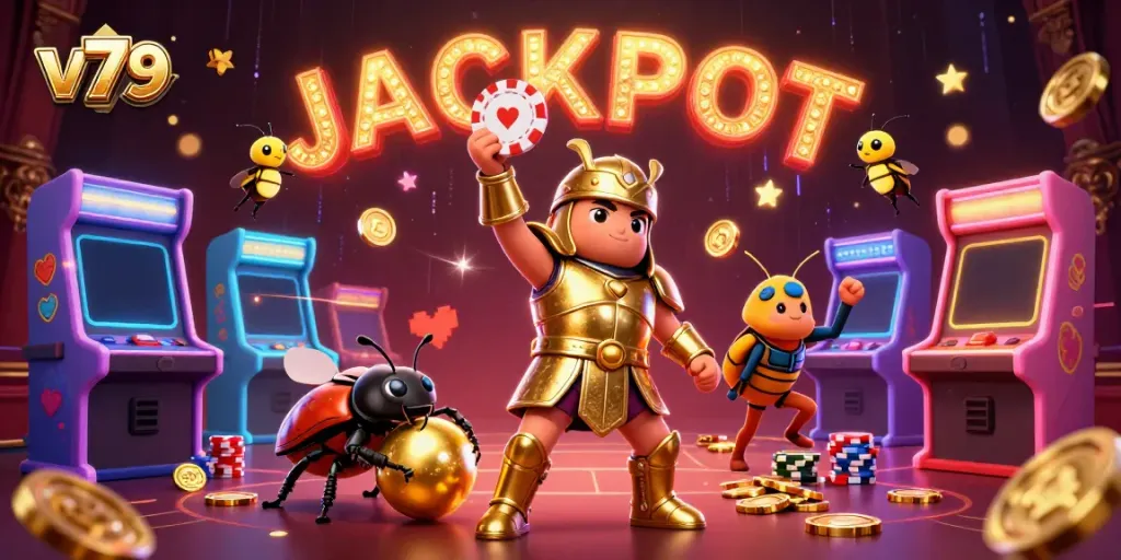Experience thrilling gameplay at v79 with a victorious hercules beetle among exciting casino elements.