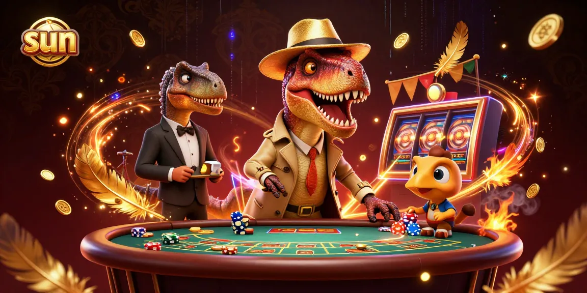 Bet at the sun-themed casino as a velociraptor card counter sneaks chips in a lively scene.