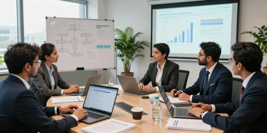 ISO Certification in Pakistan consultancy team discussing ISO standards in a modern office.