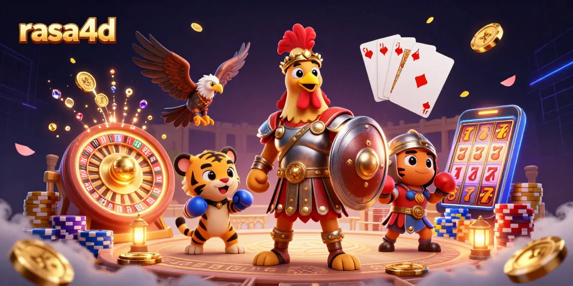 Menghadirkan rasa4d, kasino 3D dengan ayam jantan bertimpa gladiator, koin emas berhamburan, dan suasana bermain yang ceria.