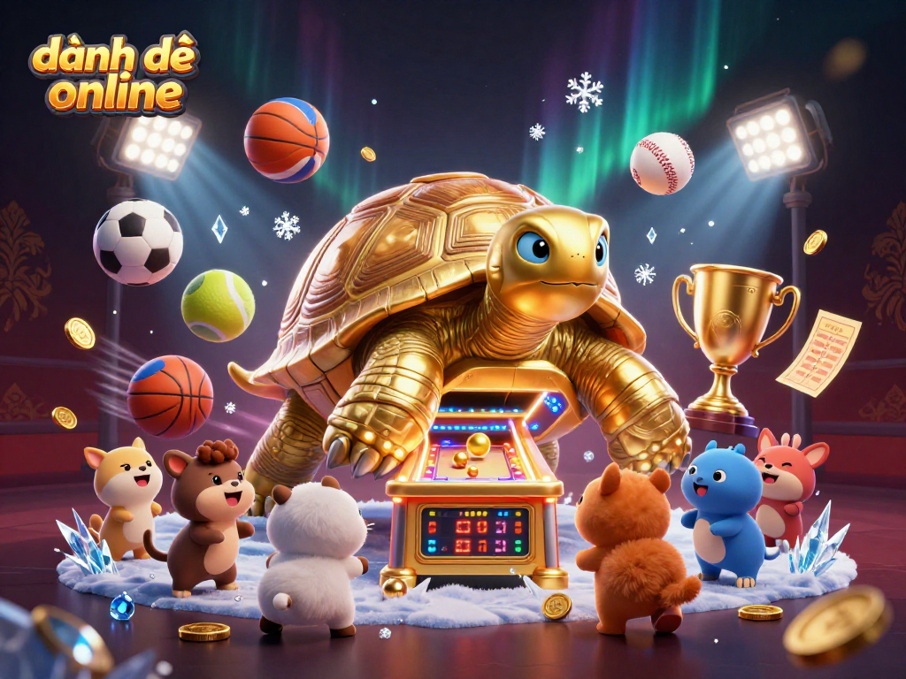 Engage in đánh đề online gaming with a dynamic scene featuring sports balls, a golden tortoise pinball machine, and lively decorations.