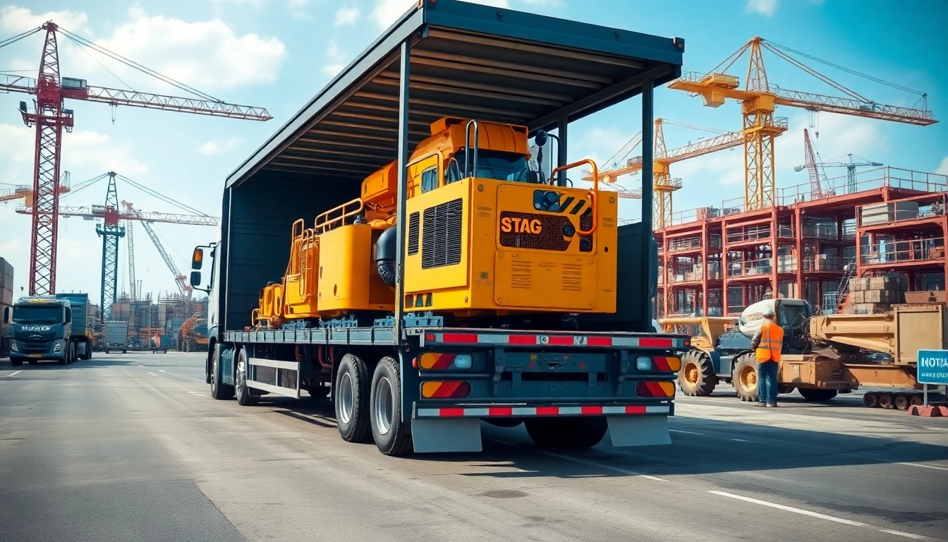 Dynamic scene of equipment transportation featuring a truck loading heavy machinery at a construction site.