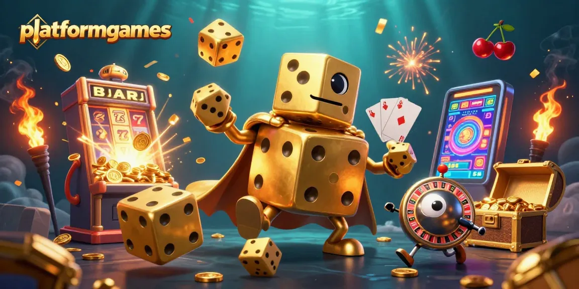 Play thrilling games at platformgames with a stunning golem juggling dice and explosive slot machine symbols.