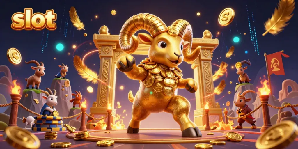 Slot yang menampilkan ram emas dan penonton gunung dengan chip tumpukan.