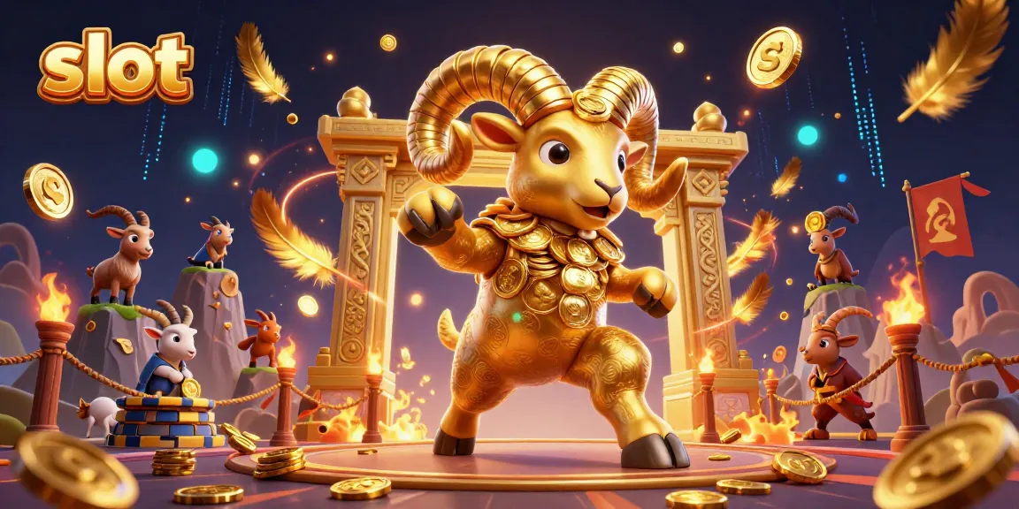 Slot yang menampilkan ram emas dan penonton gunung dengan chip tumpukan.