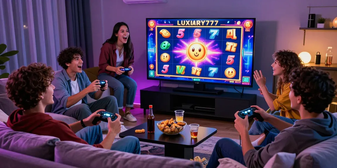 Kelompok teman menikmati permainan slot LUXURY777 di ruang tamu yang nyaman dengan pencahayaan ambient.