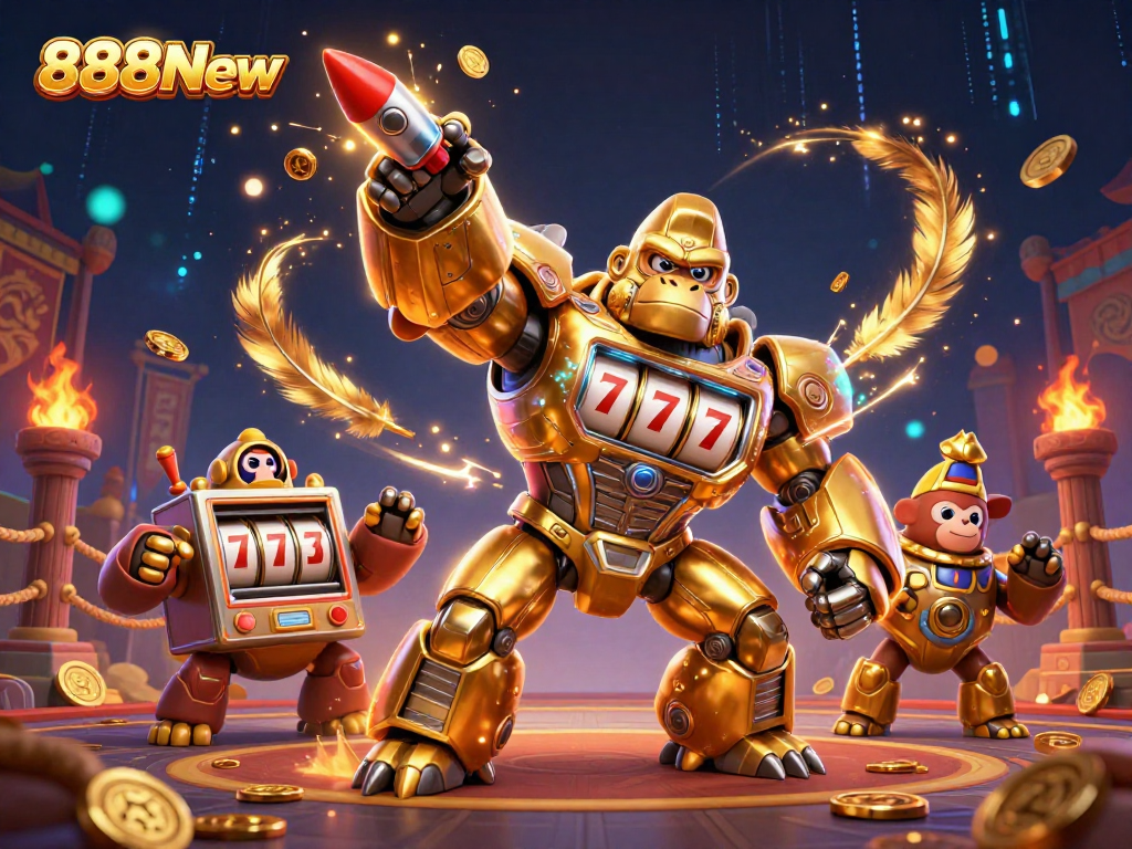 Experience the excitement of 888New with a dynamic 3D illustration featuring a golden gorilla mech surrounded by casino elements.