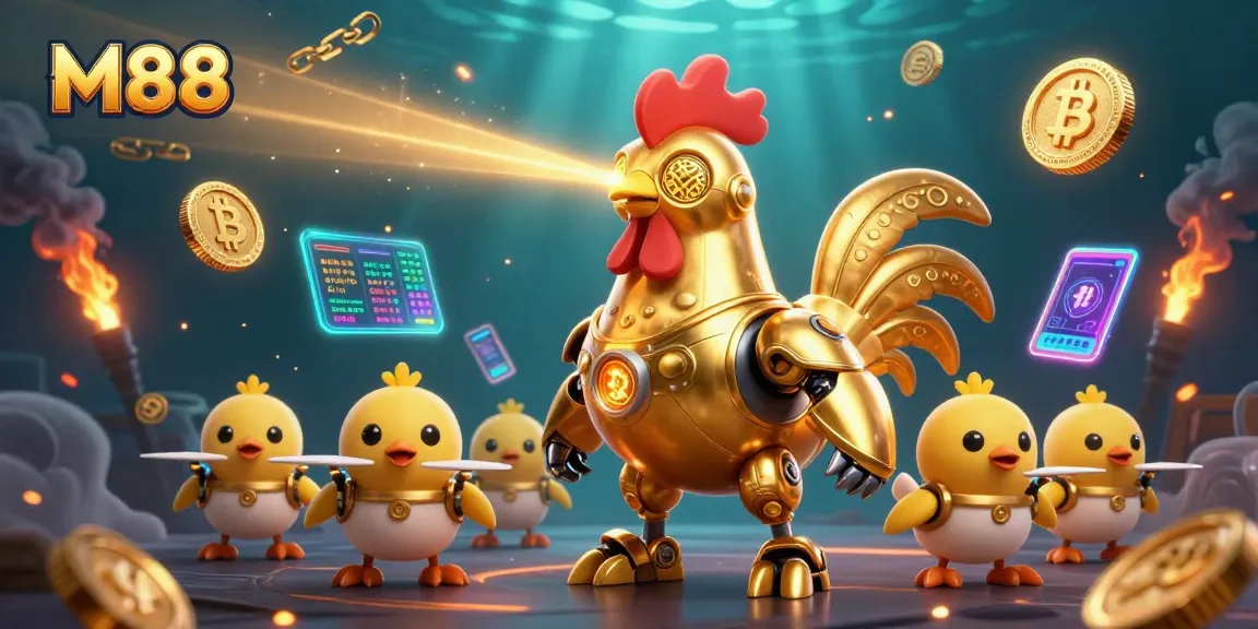 M88 offers dynamic betting visuals with a futuristic rooster robot engaging players in an exciting gambling experience.