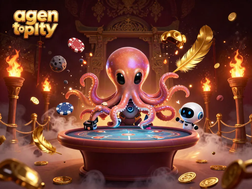 Engage in exciting games at agen toto play with a futuristic alien octopus and vibrant casino elements.