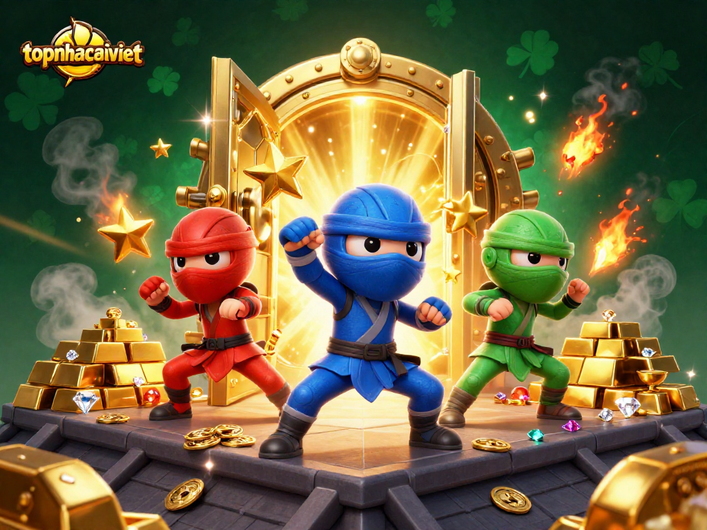 Experience thrilling action at topnhacaiviet with ninja chameleons amidst treasures and exciting casino elements.