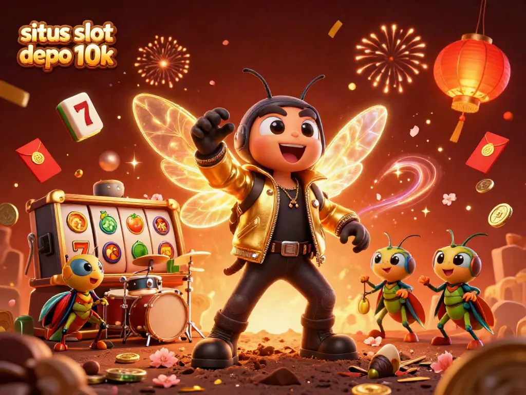 Situs slot depo 10k vibrant 3D casino illustration featuring a rock star cicada, drummer beetle, and lively festivities.