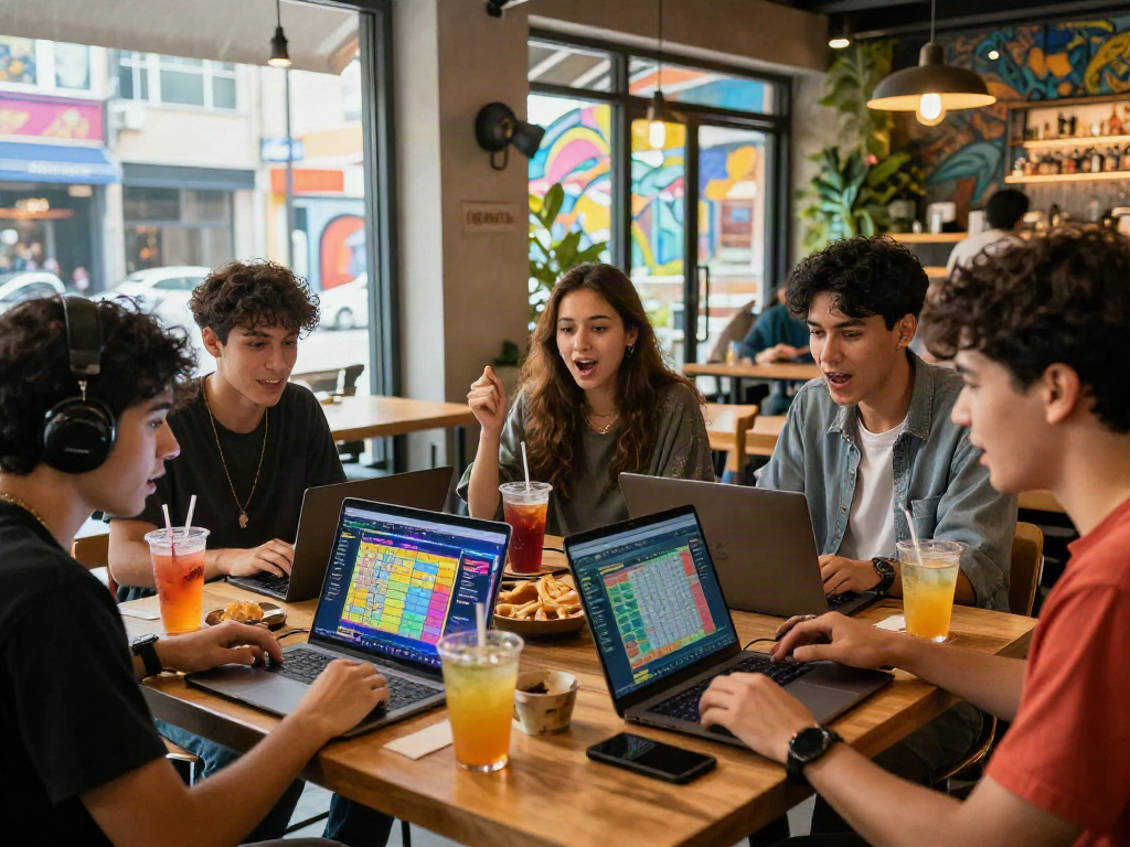 Young adults discussing strategies for situs togel at a trendy café, with laptops and colorful drinks.