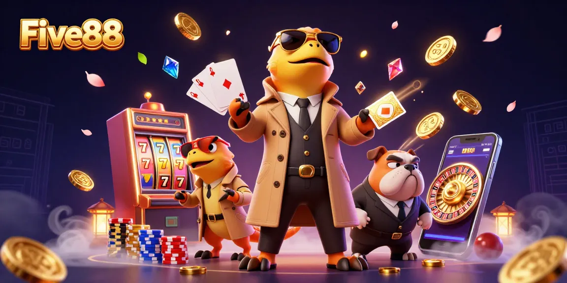 Five88 highlights the fun of winning at slots with three clever raptors in a trench coat inside a casino.