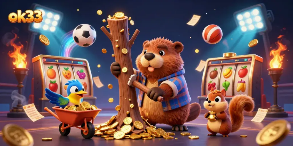 Win big with ok33's vibrant 3D casino scene showcasing lively characters and golden rewards.