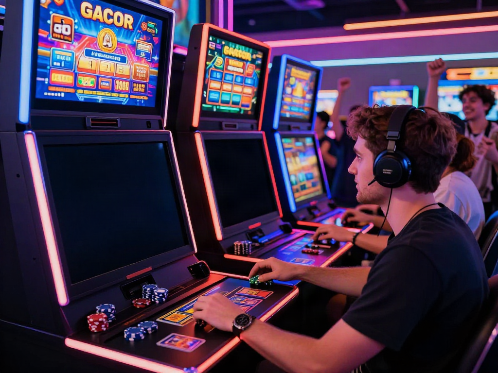Player enjoying a slot gacor game in a vibrant casino atmosphere with colorful slot machines and cheering avatars.