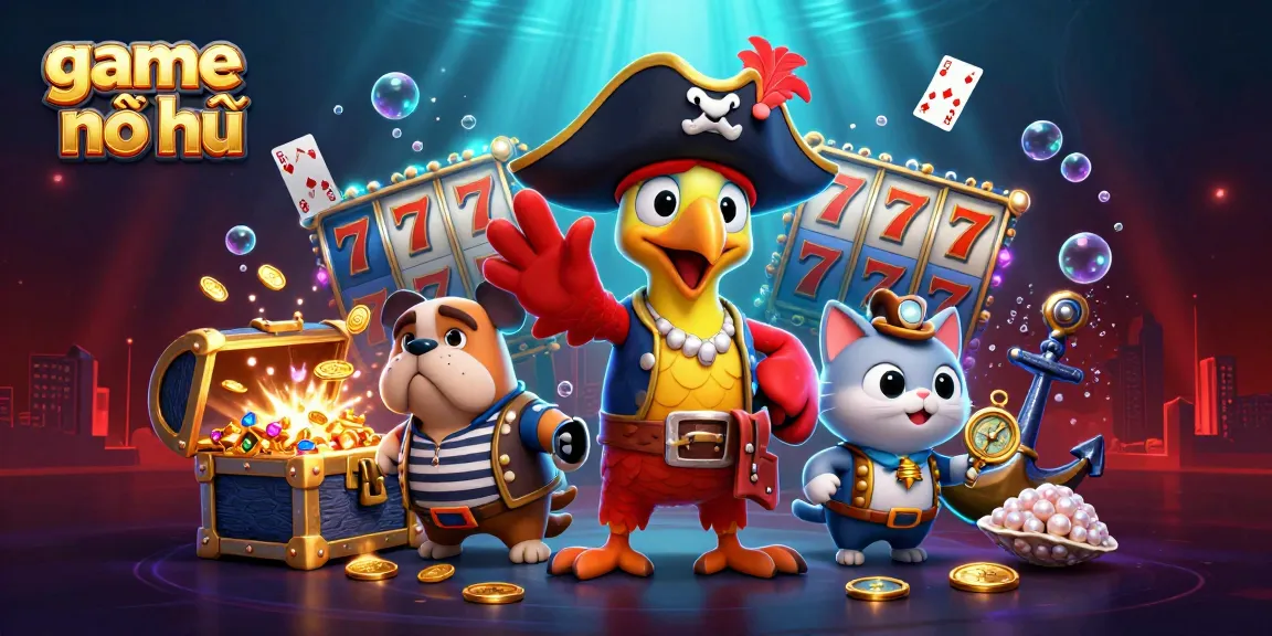 Engage in game nổ hũ with lively characters and sparkling treasures in this captivating 3D scene.