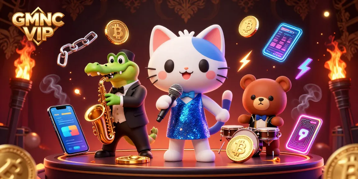 Experience the vibrant energy of GMNC VIP casino featuring a jazzy cat and a crypto-themed atmosphere.