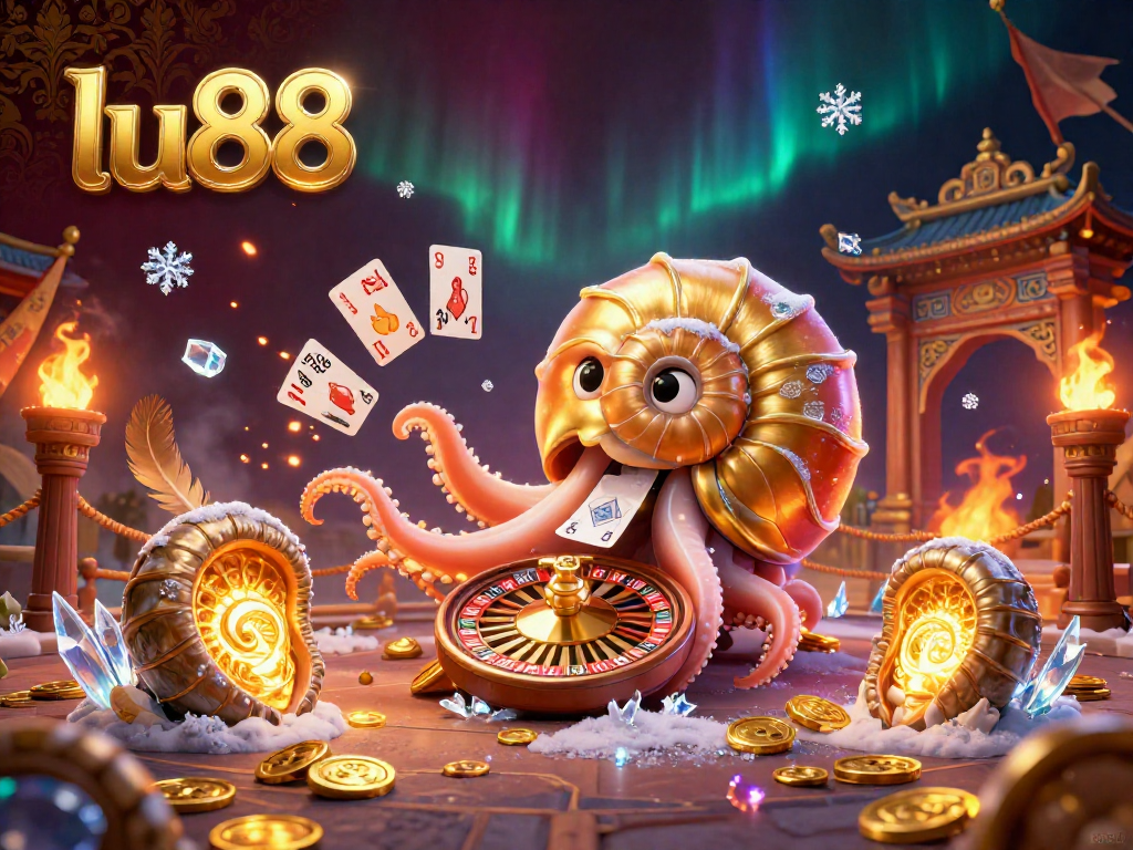 Catch exhilarating moments at lu88 with a vibrant casino scene filled with a nautilus roulette and glowing ammonites.