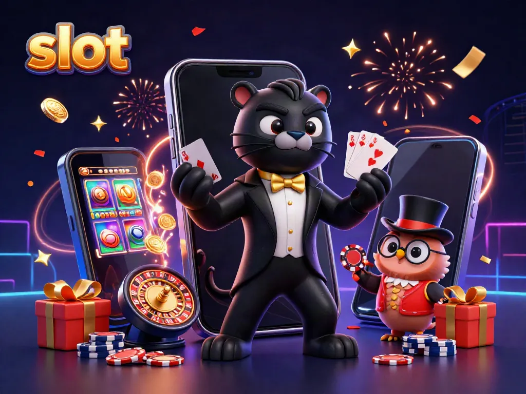 Slot permainan dengan karakter kartun bermain kartu dan chip di tengah suasana meriah.