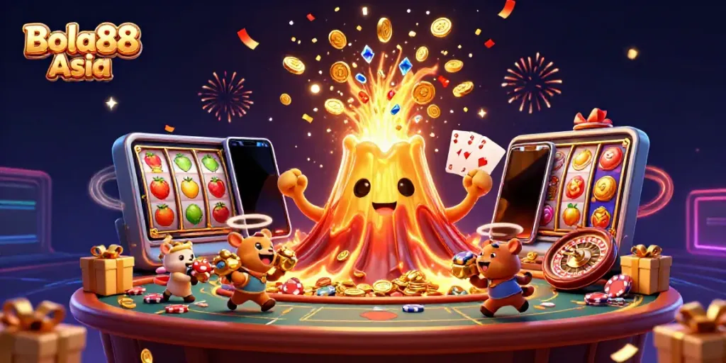 Bola88 Asia showcases a vibrant casino scene with a golden volcano and lively treasure hunters amidst slot games.
