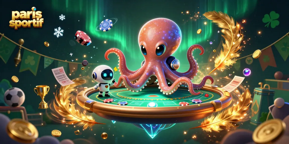 Élevez votre expérience de paris sportif avec une illustration d'un poulpe extraterrestre et un robot sur une table de poker holographique.