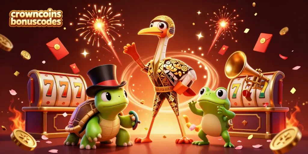 Win exciting rewards playing with crowncoinsbonuscodes at a lively casino-themed illustration.