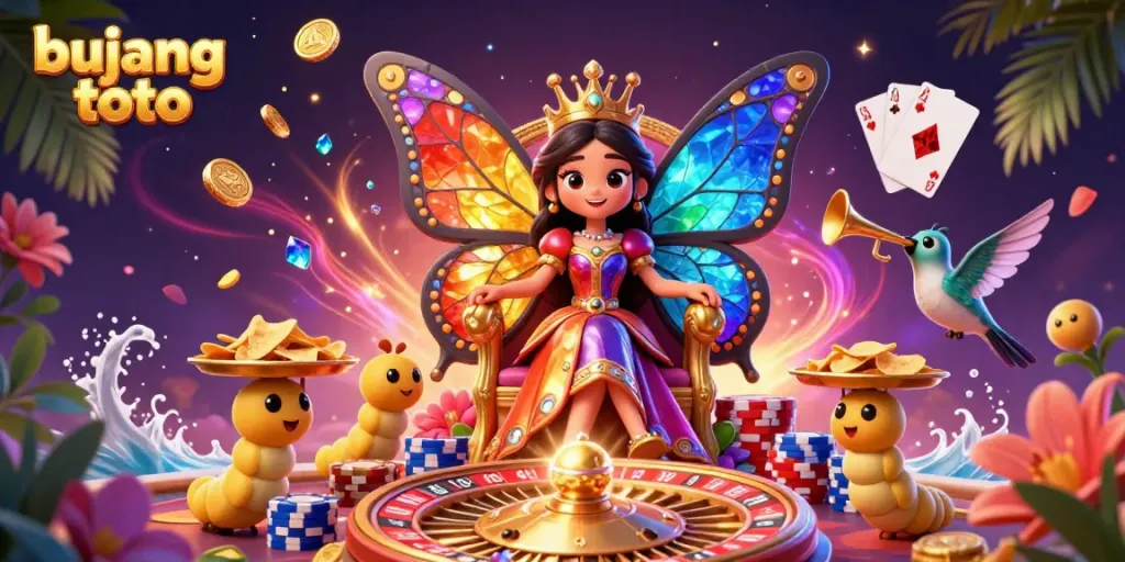 Experience the magic of bujang toto with a vibrant 3D illustration featuring a butterfly queen and casino elements in action.