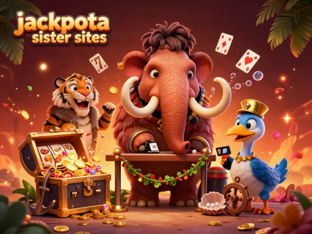 Discover the vibrant scene of jackpota sister sites with a 3D cartoon mammoth checking IDs.