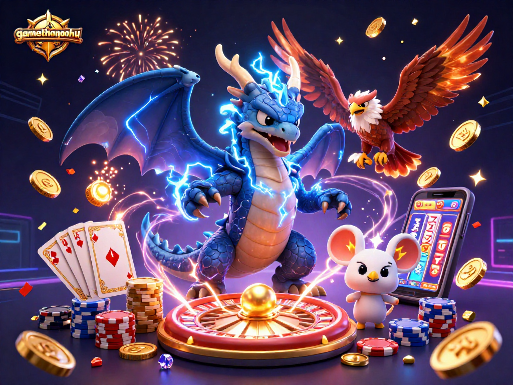 Engage in exciting gameplay with gamethuongnohu, showcasing a thrilling 3D gaming scene filled with cascading coins and vibrant characters.