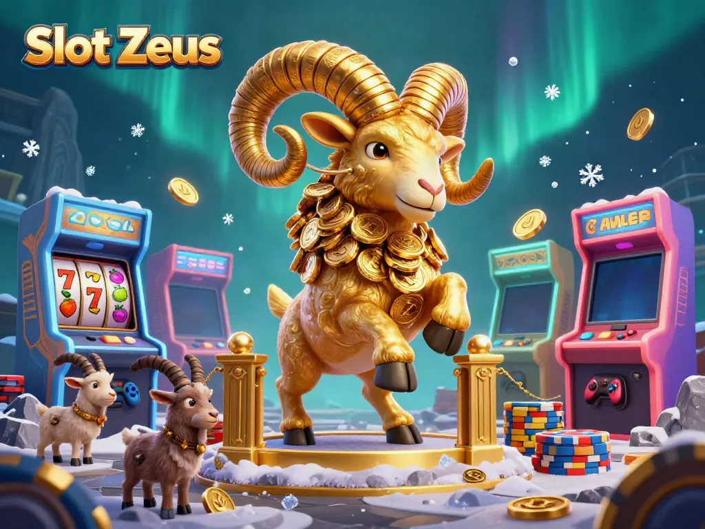 Engage with Slot Zeus as a golden ram charges through a vibrant casino scene filled with games and excitement!