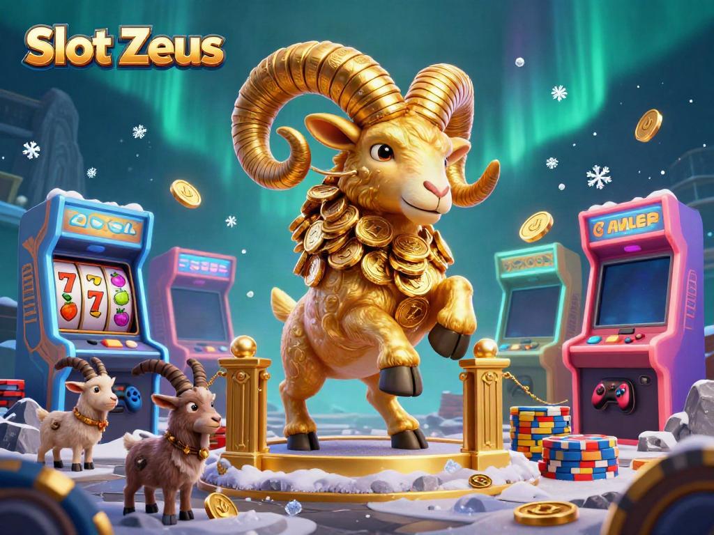 Engage with Slot Zeus as a golden ram charges through a vibrant casino scene filled with games and excitement!