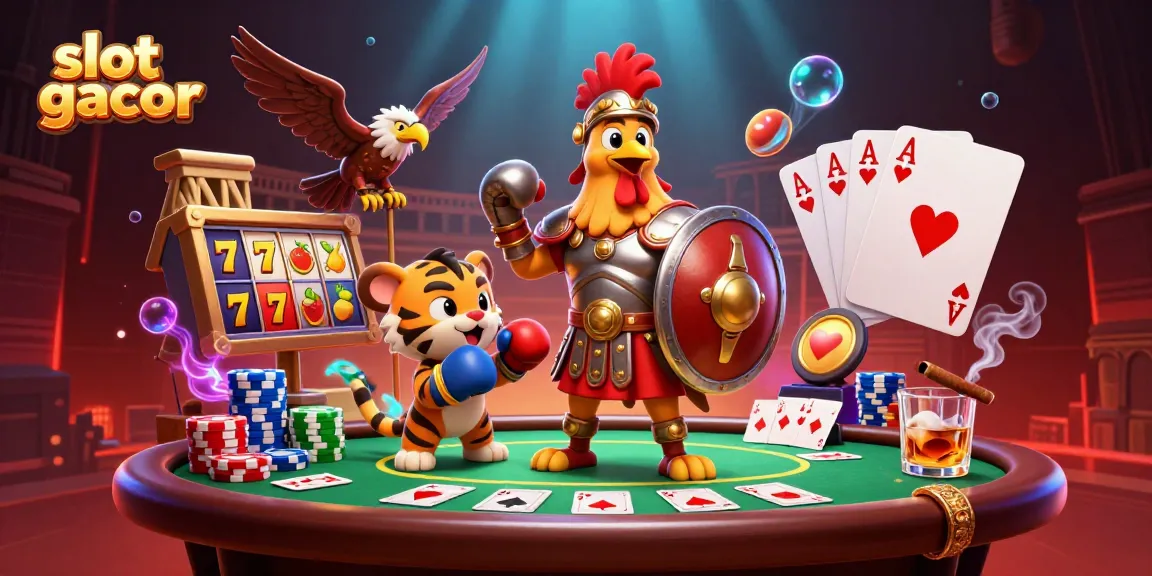 Engaging slot gacor scene with a cartoon rooster in Roman armor and tiger cub, enhanced by colorful slot reels and casino elements.