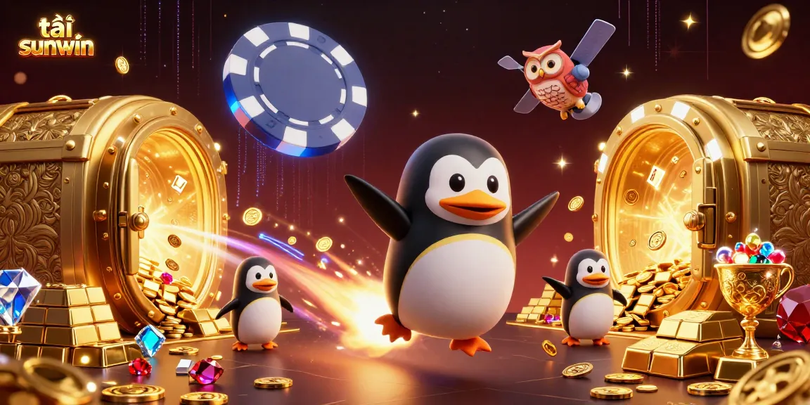 Tải sunwin with a golden penguin merging through vibrant casino elements in a full 3D scene.