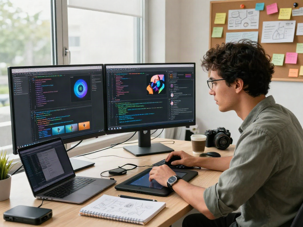 AI Image Detection analysis in a modern software development workspace with dual monitors and coding elements.