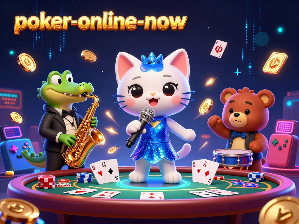 Poker-online-now showcases a lively casino scene with a jazz-singer cat and gaming elements.