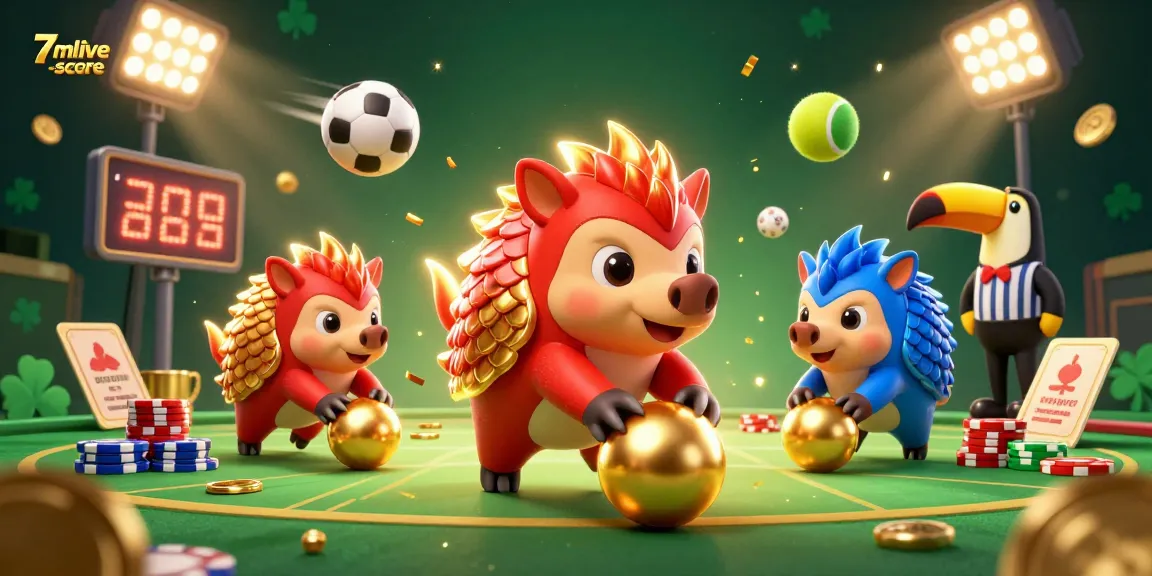 Experience thrilling action with 7mlive-score as rival pangolins bowl through poker chips in a vibrant casino scene.