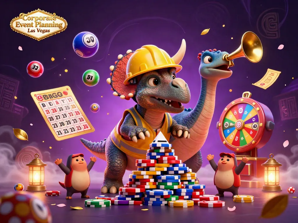 Experience Corporate Event Planning Las Vegas with a lively scene of a triceratops and friends celebrating amidst colorful gaming elements.