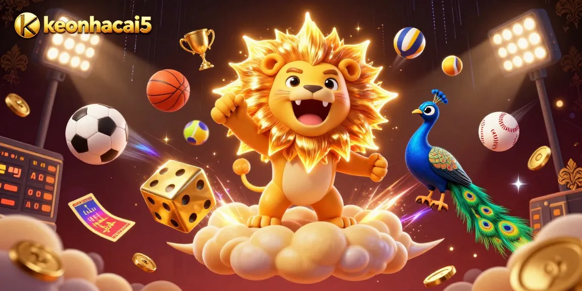 Engage with keonhacai5 to analyze sports betting odds featuring a triumphant sun lion and dynamic game elements.