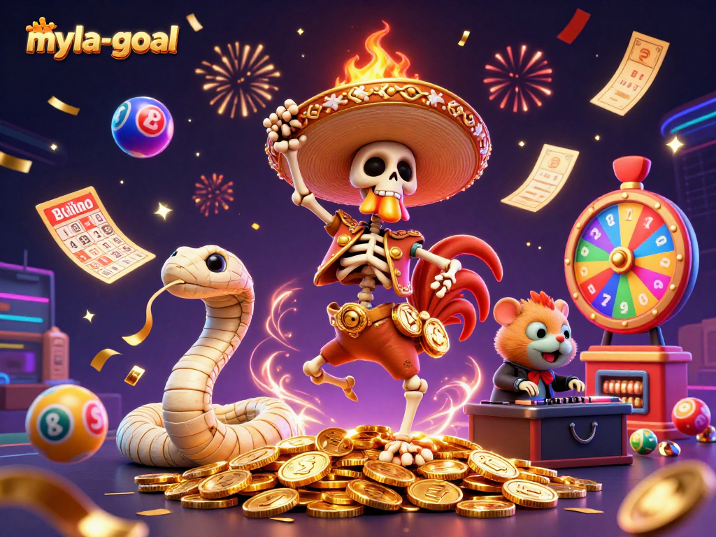 Engage in thrilling gameplay with myla-goal as the cartoon skeleton mariachi rooster celebrates on golden coins.