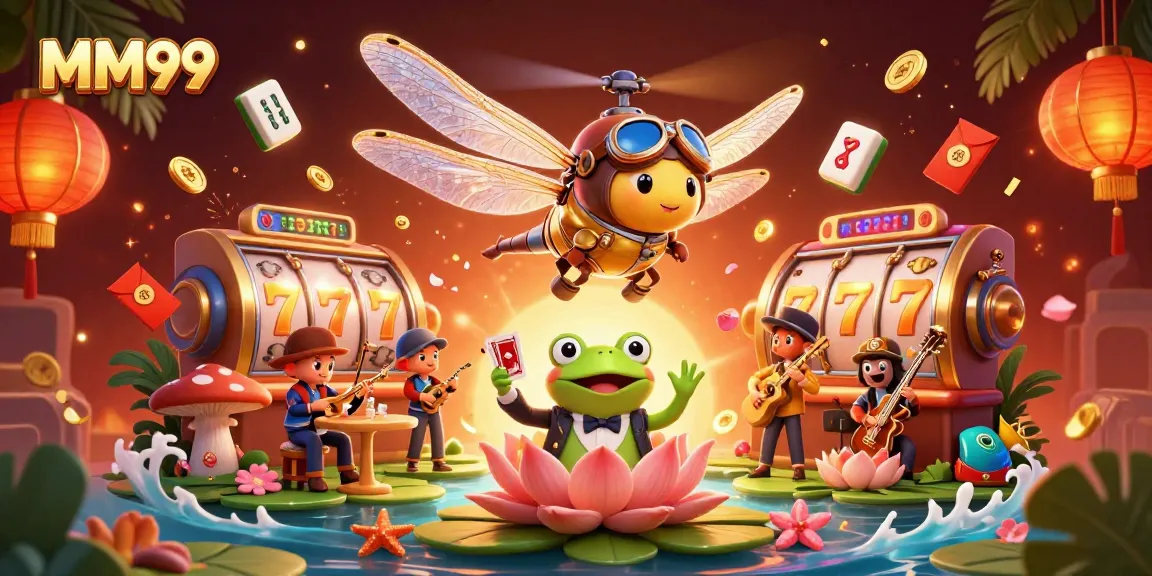 MM99 showcases a vibrant casino scene with a dragonfly pilot and frog croupier dealing exciting cards.