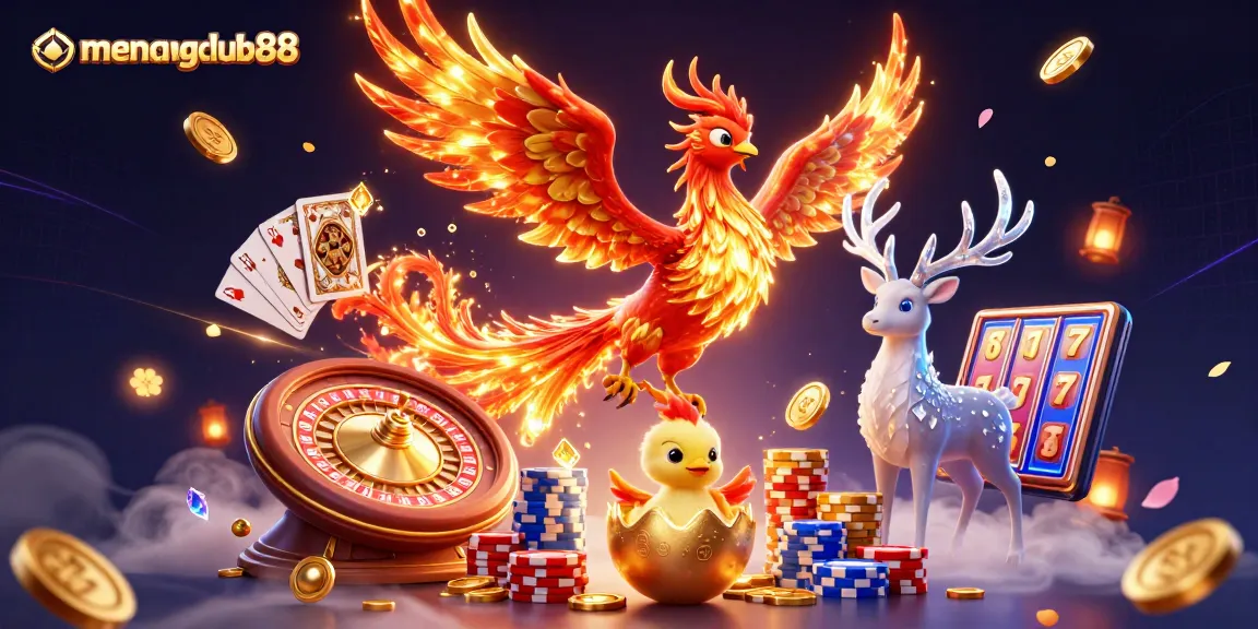 Win big with menangclub88 while watching a glowing phoenix and dazzling gems create a dynamic casino scene.