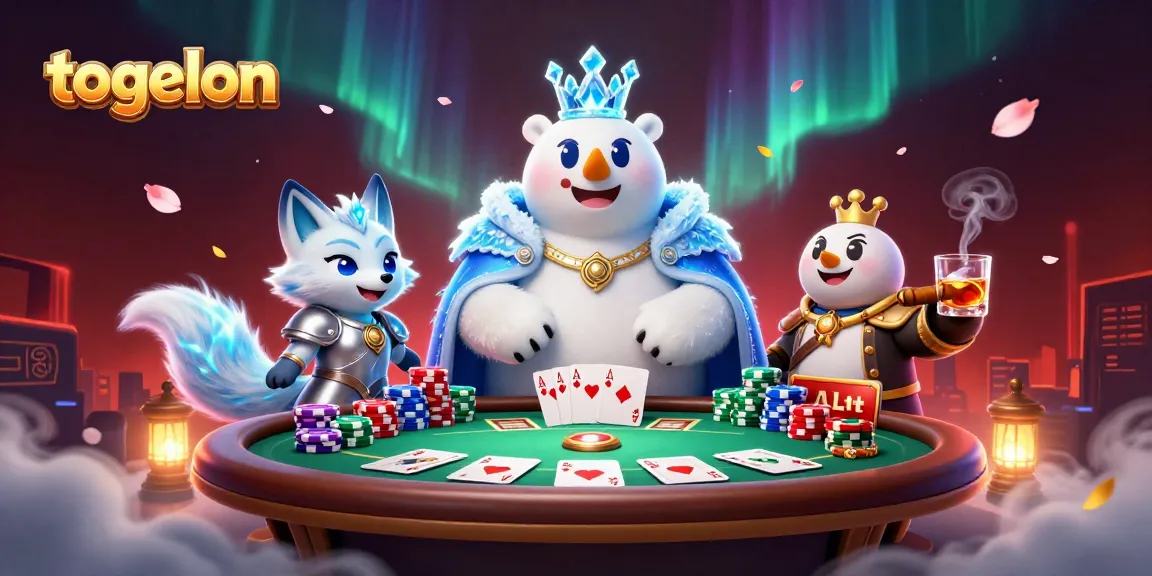 Engage with togelon for immersive poker experiences as a cartoon ice king polar bear and fox companion dominate the scene.