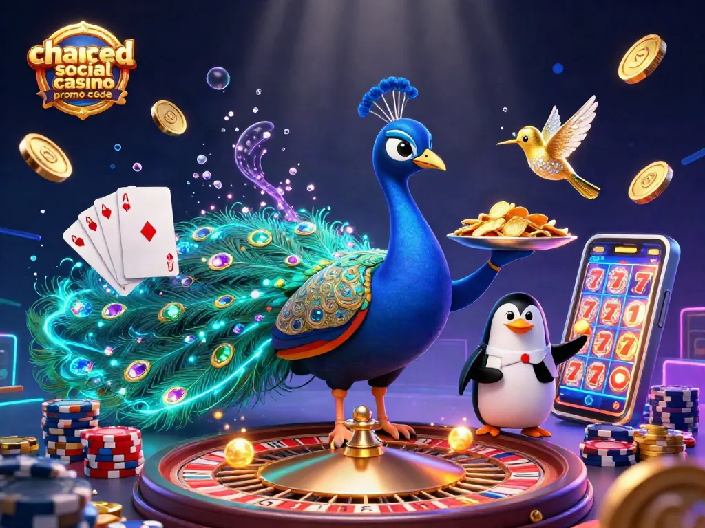 Engage with the chanced social casino promo code featuring a colorful 3D casino-themed illustration.