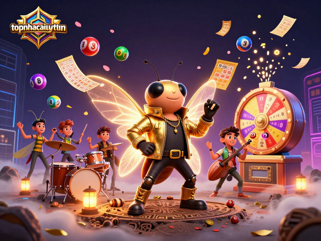 Join the excitement at topnhacaiuytinn as colorful lottery elements surround dynamic characters in a vibrant casino illustration.