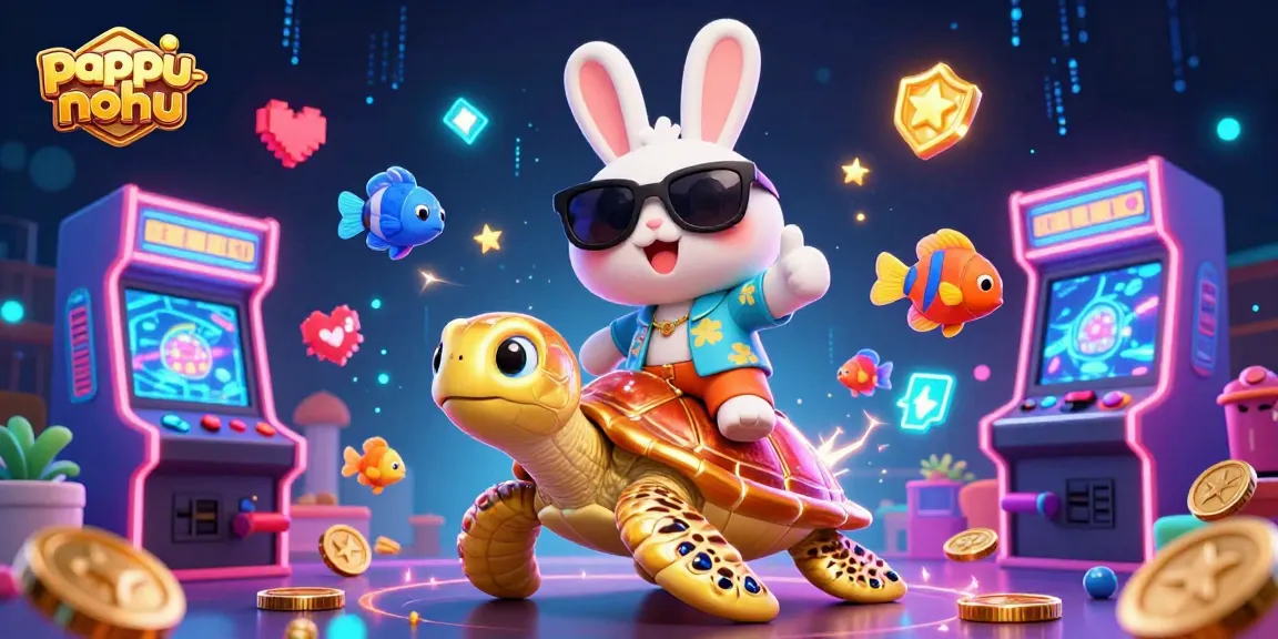 Engage with pappu-nohu in an exciting 3D illustration of a lucky rabbit and golden turtle in a vibrant casino scene.